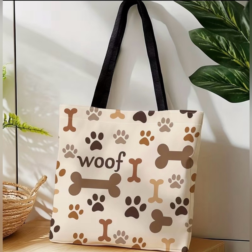 Brand New Canvas Dog Paws, Dog Bone, & Woof Words Design Tote Bag